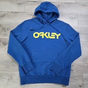 Oakley Hoodie Men's Size L Blue Yellow Pullover Spellout Sweatshirt Custom Fit